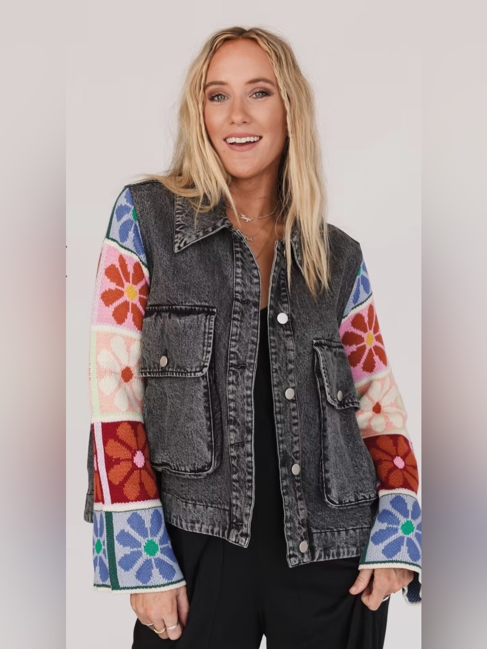 Davi & Dani Denim Jacket with Floral Knit Bell Sleeves Size Large